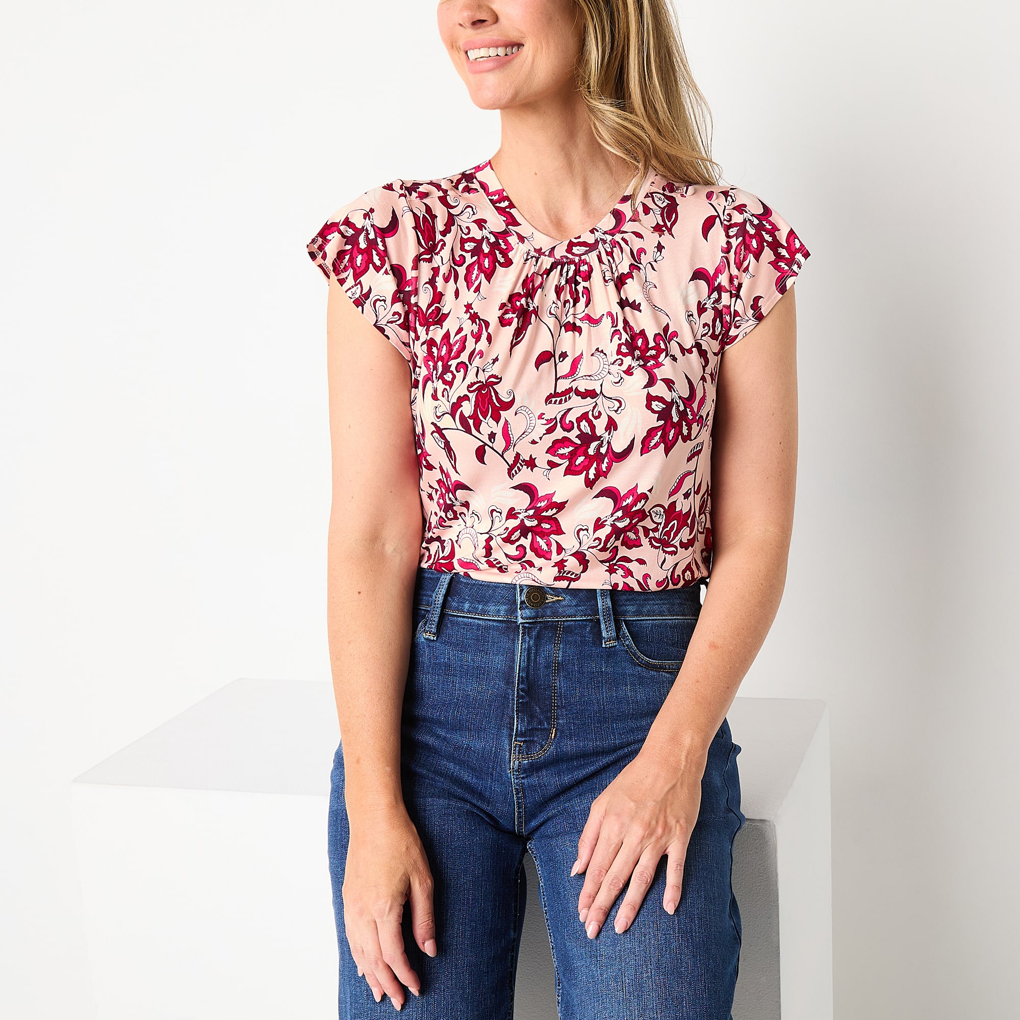 Liz Claiborne Womens Tall Crew Neck Short Sleeve Blouse