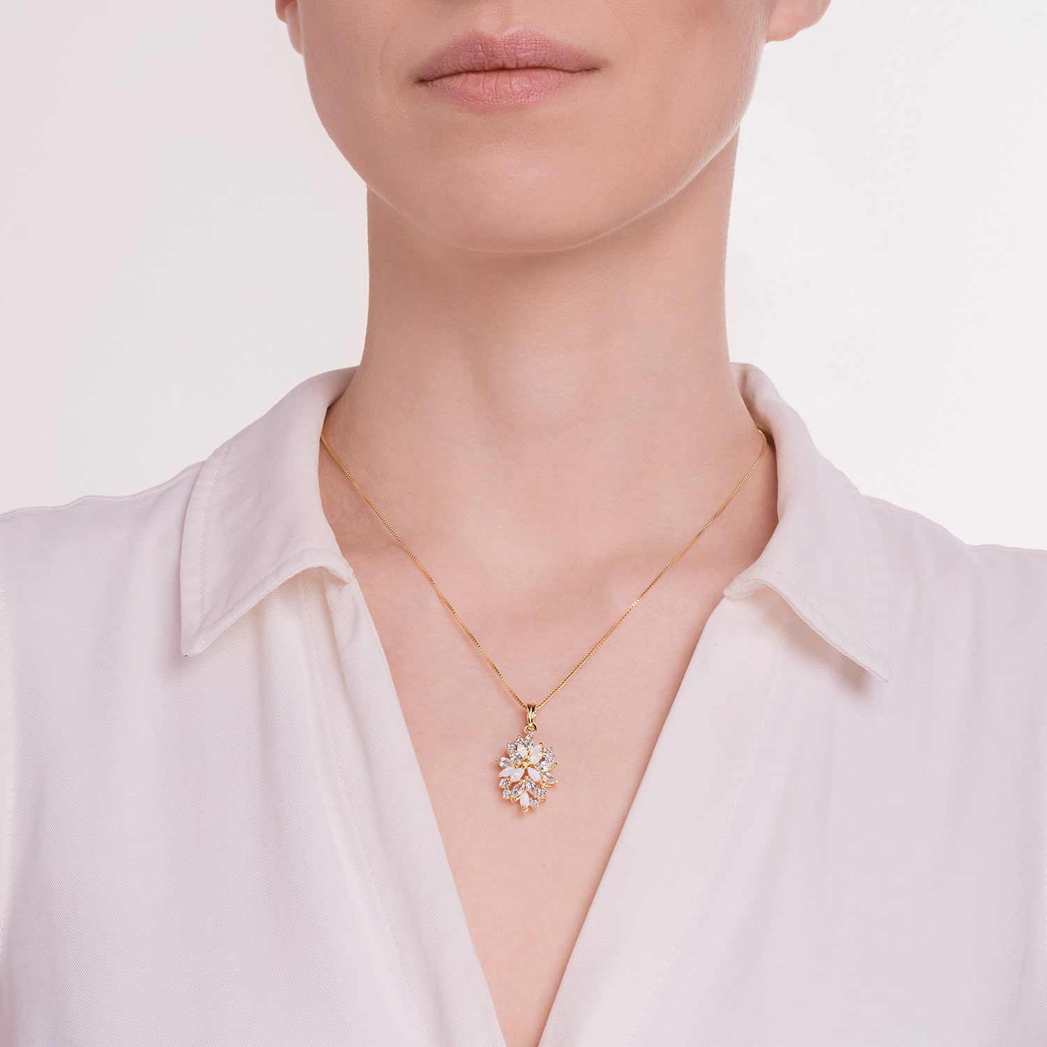 Womens Lab Created White Opal 18K Gold Over Silver Flower 18 Inch Pendant Necklace