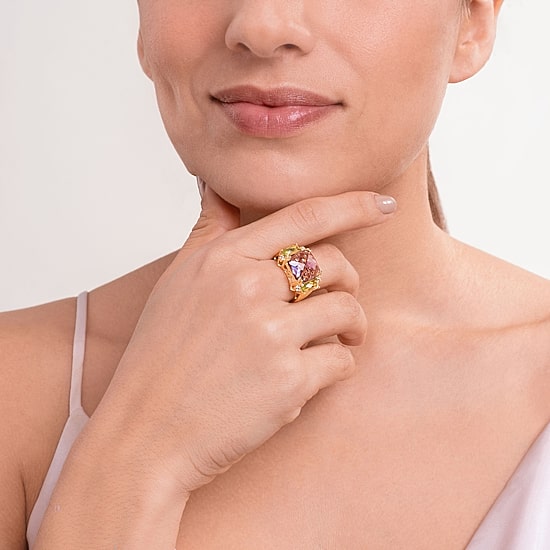 Womens Genuine Purple Amethyst 18K Gold Over Silver Square 3-Stone Cocktail Ring