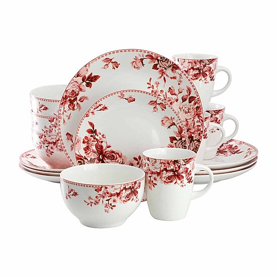 Elama Traditional Red Rose 16-pc. Stoneware Dinnerware Set
