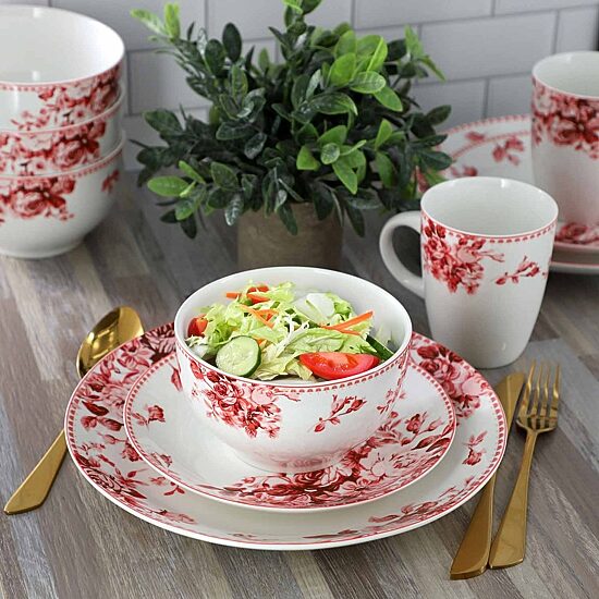 Elama Traditional Red Rose 16-pc. Stoneware Dinnerware Set