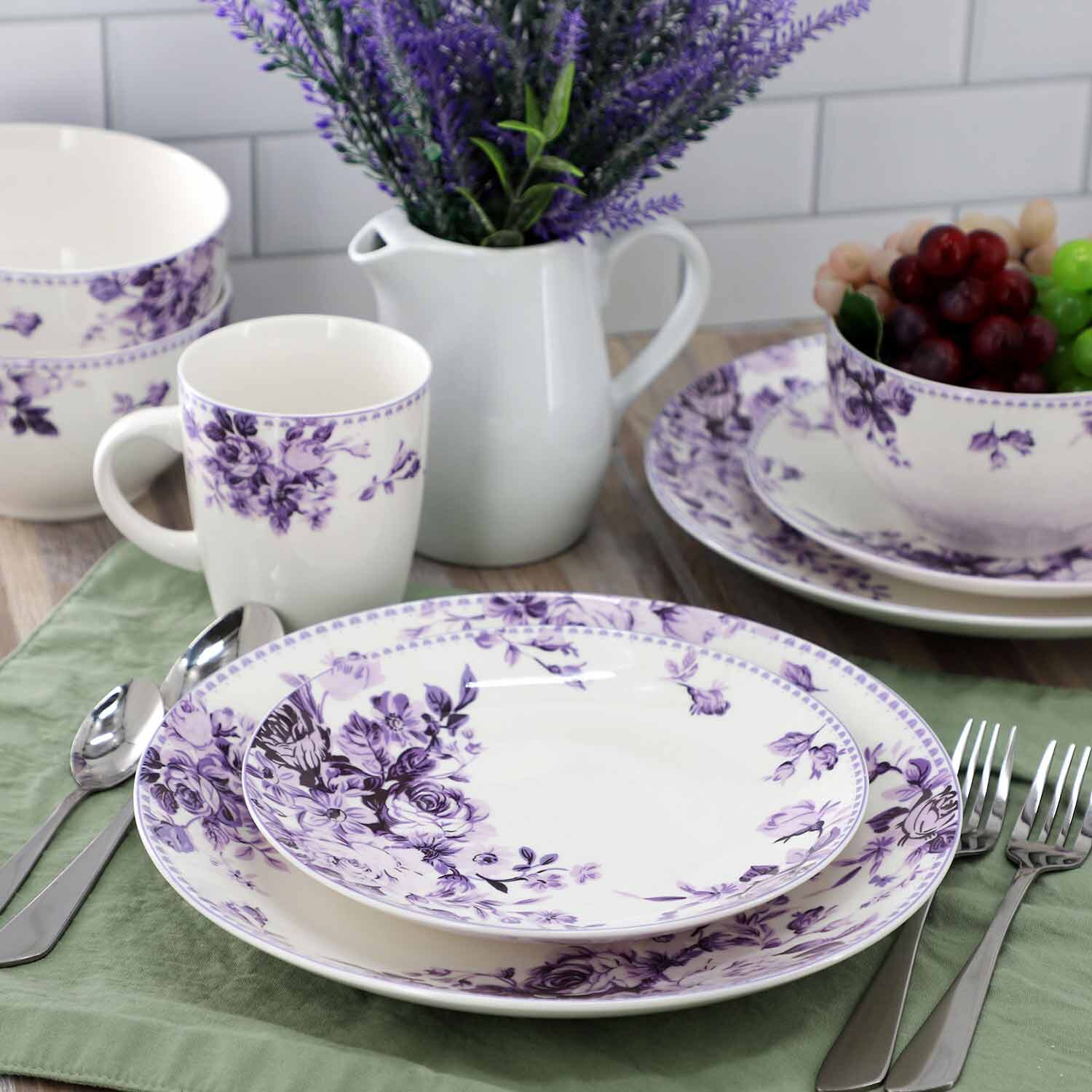 Elama Traditional Purple Rose 16-pc. Stoneware Dinnerware Set