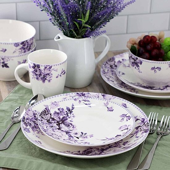 Elama Traditional Purple Rose 16-pc. Stoneware Dinnerware Set