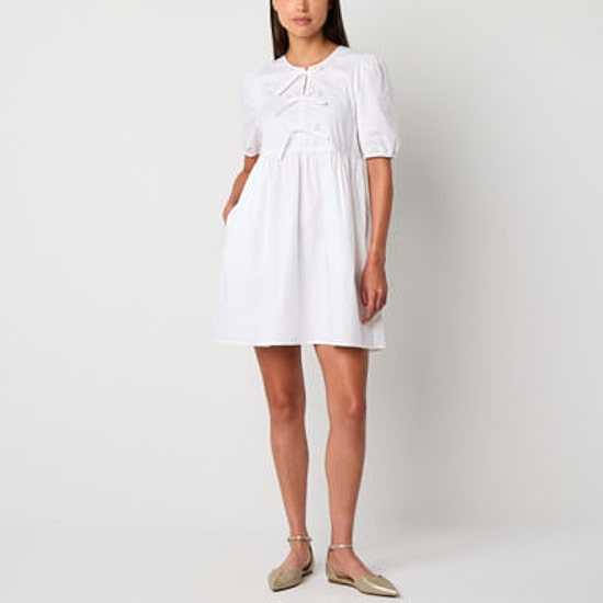 Be by CHETTA B Womens Round Neck Short Sleeve Babydoll Dress