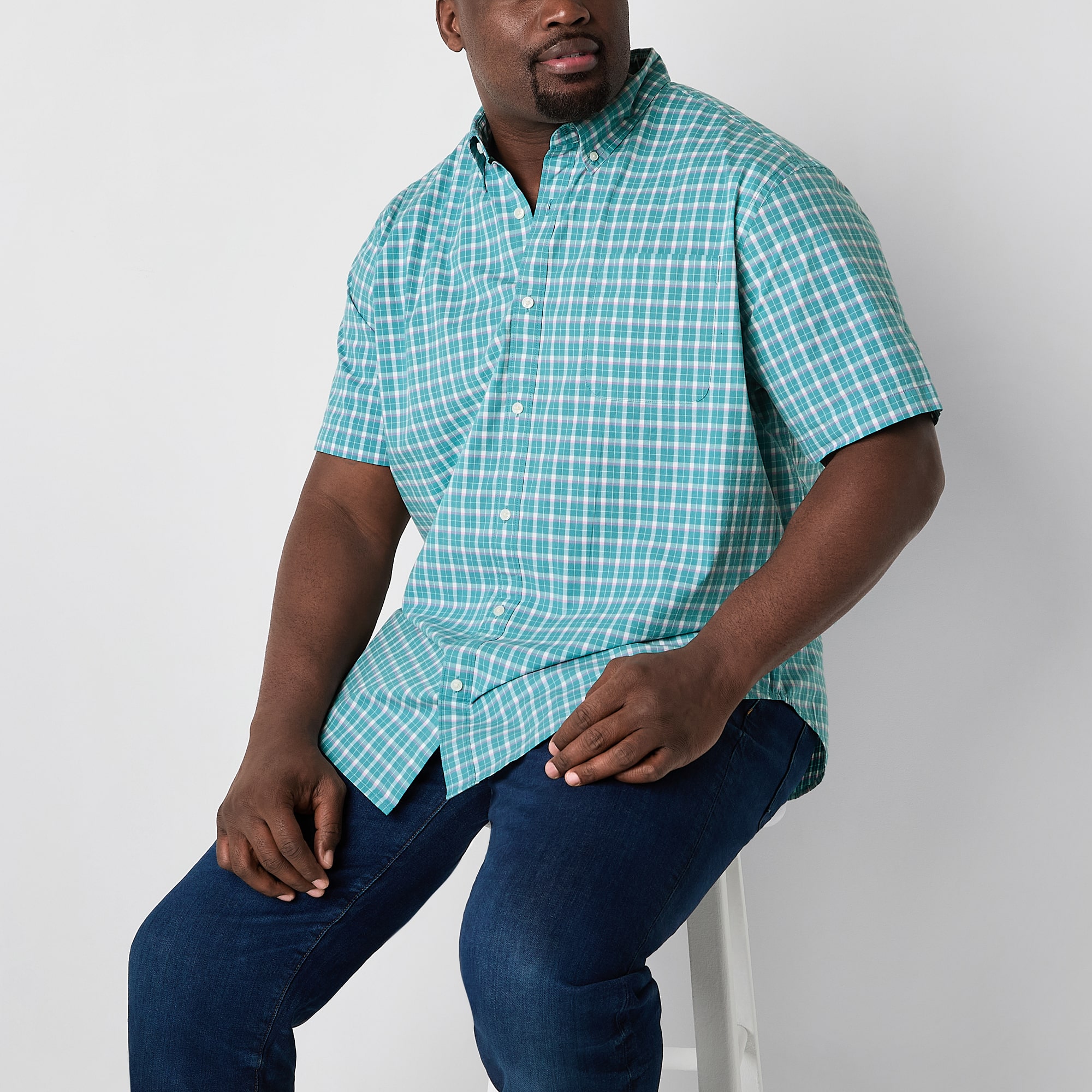 St. John's Bay Chambray Mens Easy-on + Easy-off Short Sleeve Classic Fit Big and Tall Button-Down Shirt
