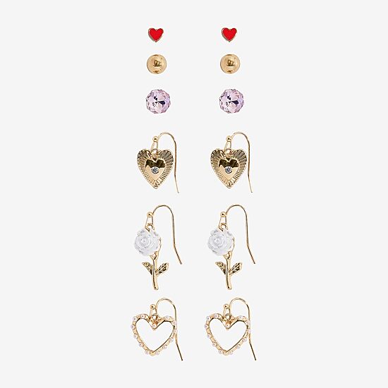 Arizona Gold Tone Womens Flower Heart 6 Pair Earring Set