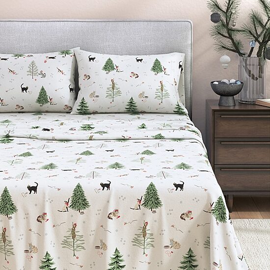 Linery Cotton Holiday Print Flannel Wrinkle Resistant Sheet Set