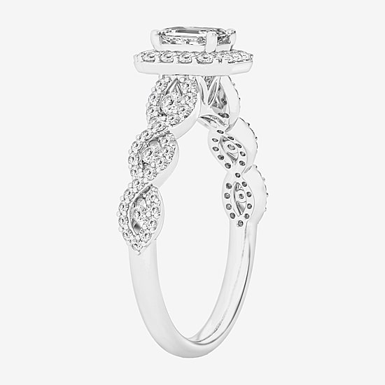 (G / Si1-Si2) Womens 1 CT. T.W. Lab Grown White Diamond 10K Gold Side Stone Halo Engagement Ring