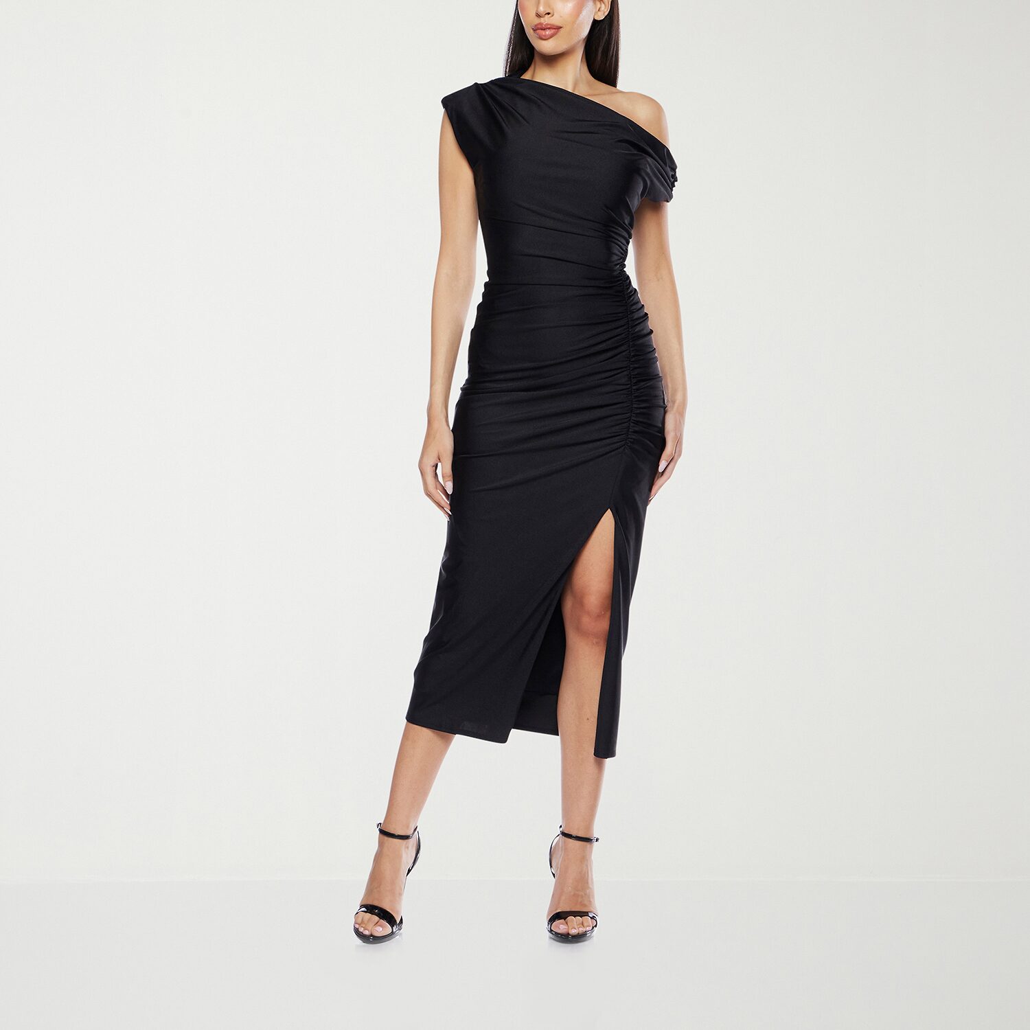 Premier Amour One Shoulder Womens Midi Asymmetrical Neck Short Sleeve Sheath Dress