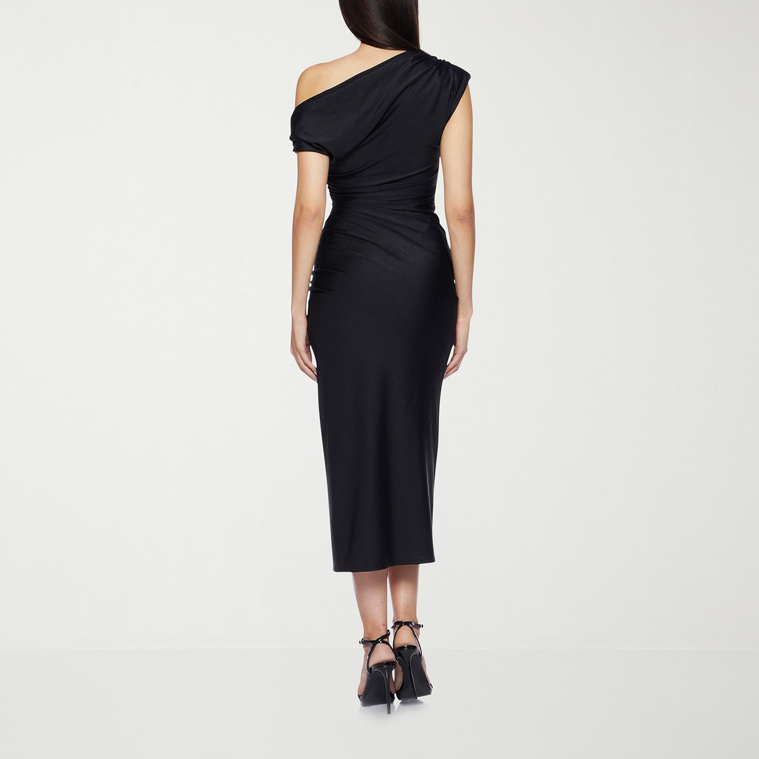 Premier Amour One Shoulder Womens Midi Asymmetrical Neck Short Sleeve Sheath Dress
