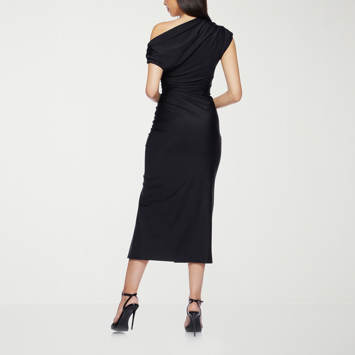 Premier Amour One Shoulder Womens Midi Asymmetrical Neck Short Sleeve Sheath Dress