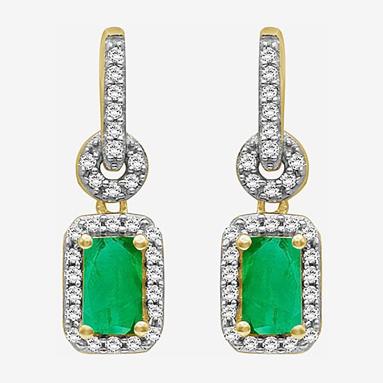 Womens Emerald-cut Gemstone & 1/7 CT. T.W. Natural Diamond 10K Gold Drop Earrings