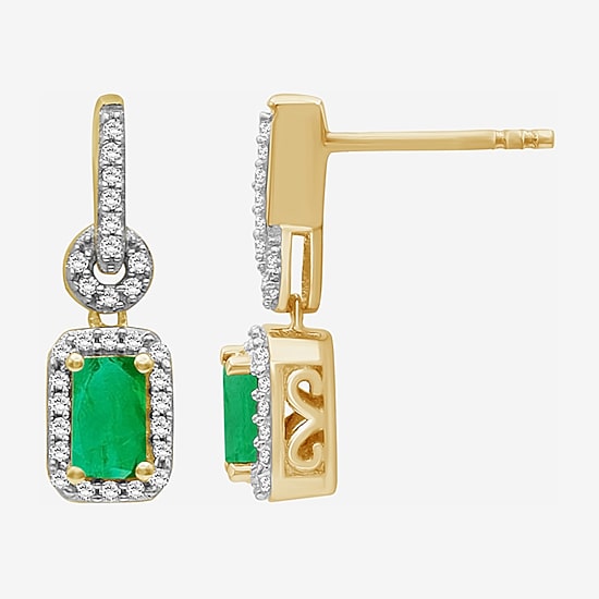 Womens Emerald-cut Gemstone & 1/7 CT. T.W. Natural Diamond 10K Gold Drop Earrings