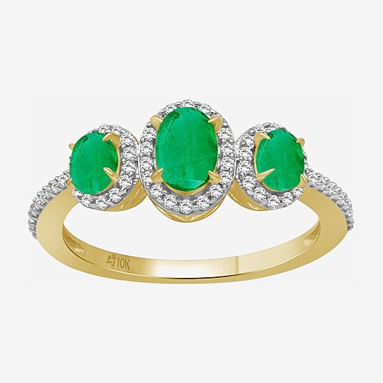 Womens Gemstone & 1/5 CT. T.W. Natural Diamond 10K Gold Oval 3-Stone Cocktail Ring