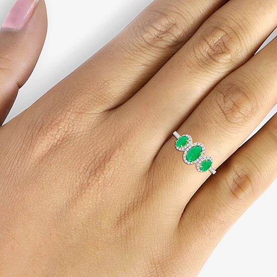 Womens Gemstone & 1/5 CT. T.W. Natural Diamond 10K Gold Oval 3-Stone Cocktail Ring
