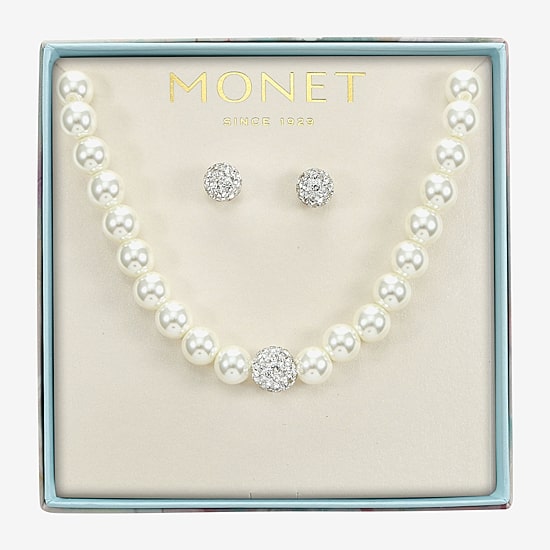 Monet Jewelry Womens White Glass Simulated Pearl 2-pc. Jewelry Set
