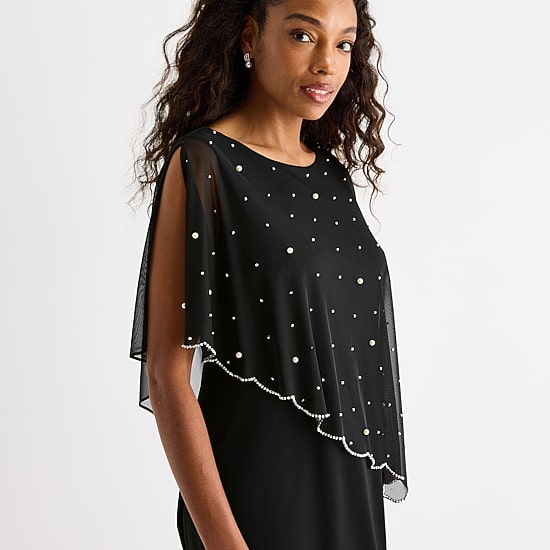 msk black dress MSK Black Chiffon Cape Dress 2X Rhinestone Neckline Cocktail Evening  Wedding Guest