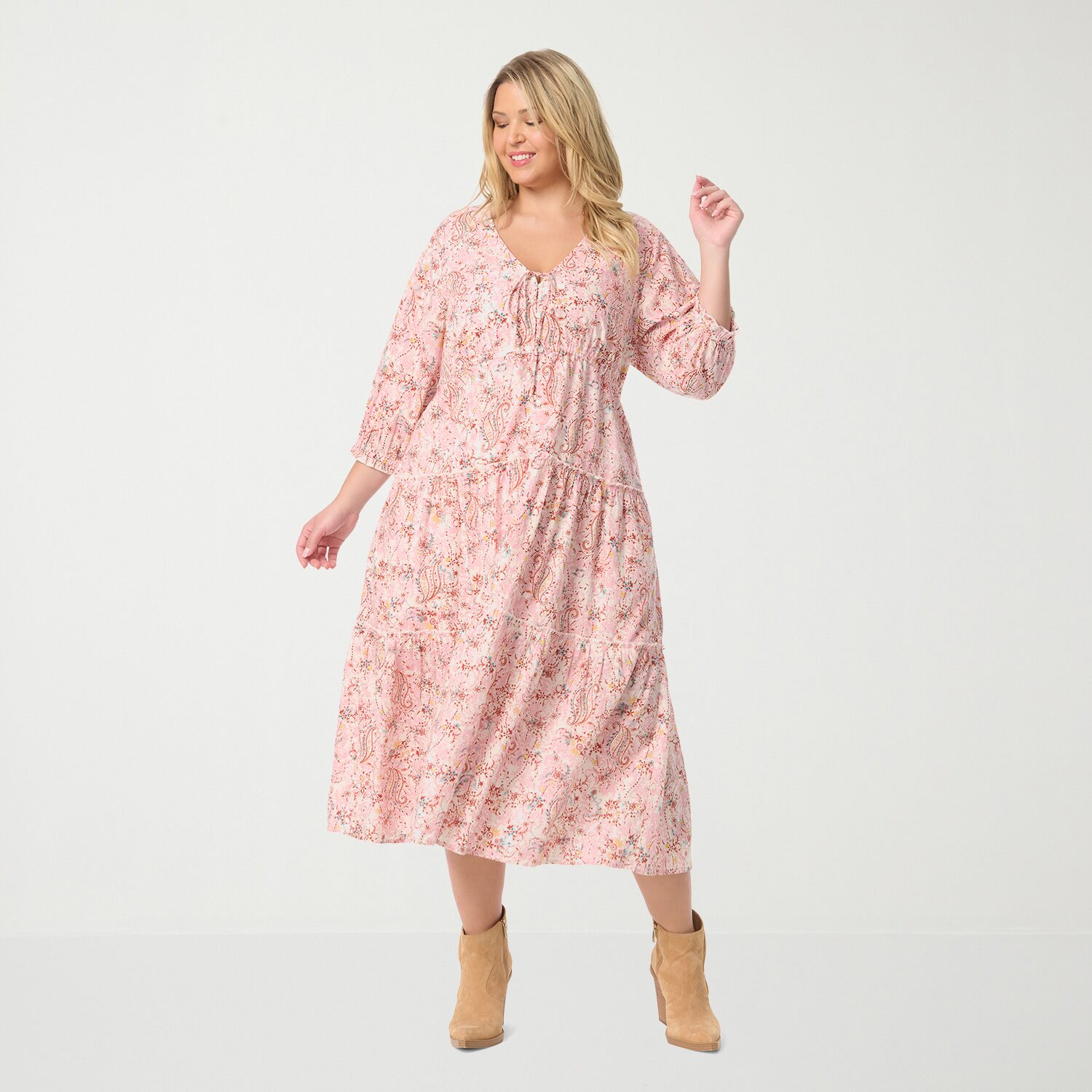 JS Jessica Simpson Womens Plus V Neck Long Sleeve Paisley A-Line Dress