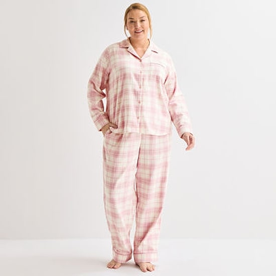 Liz Claiborne Womens Flannel Long Sleeve 2-pc. Pajama Set