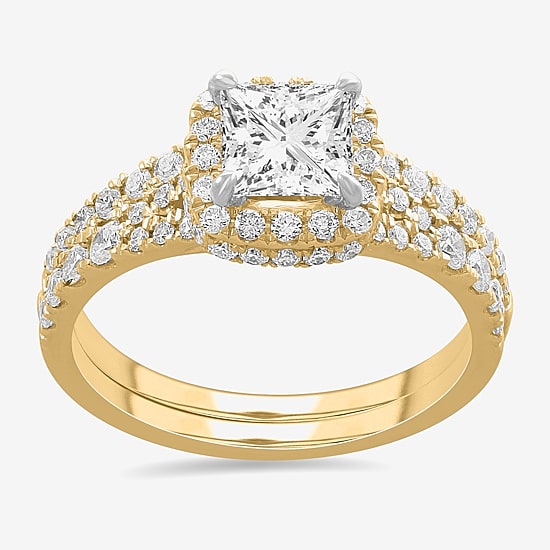 (H-I / Si1-Si2) Womens 1 7/8 CT. T.W. Lab Grown White Diamond 14K White Gold Cushion Side Stone Halo Bridal Set