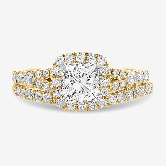 (H-I / Si1-Si2) Womens 1 7/8 CT. T.W. Lab Grown White Diamond 14K White Gold Cushion Side Stone Halo Bridal Set