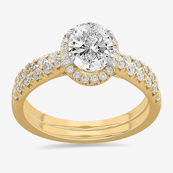 (H-I / Si1-Si2) Womens 1 3/4 CT. T.W. Lab Grown White Diamond 14K White Gold Oval Side Stone Halo Bridal Set