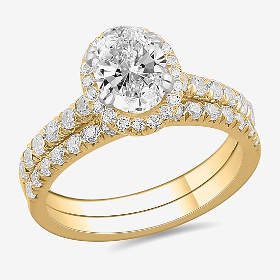 (H-I / Si1-Si2) Womens 1 3/4 CT. T.W. Lab Grown White Diamond 14K White Gold Oval Side Stone Halo Bridal Set