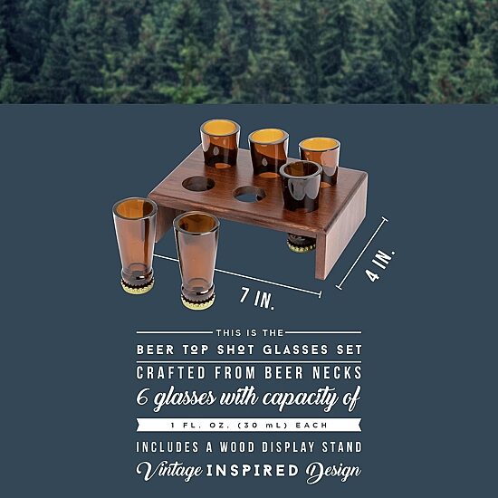 Hammer + Axe Beer Top Shot Glass Set, 6 Bottle Neck Glasses With Wood Display Stand