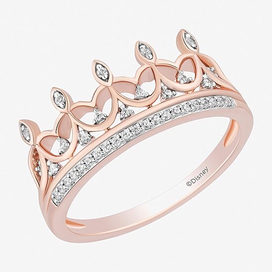 Enchanted Disney Fine Jewelry Womens 1/10 CT. T.W. Natural White Diamond 14K Rose Gold Over Silver Sterling Silver Crown Princess Cocktail Ring