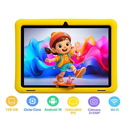 LINSAY® 10.1 Octa Core 128Gb Android 15 Tablet Kids Yellow