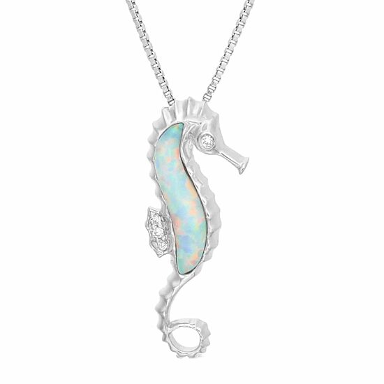Seahorse Womens Diamond Accent Lab Created White Opal Sterling Silver 18 Inch Pendant Necklace
