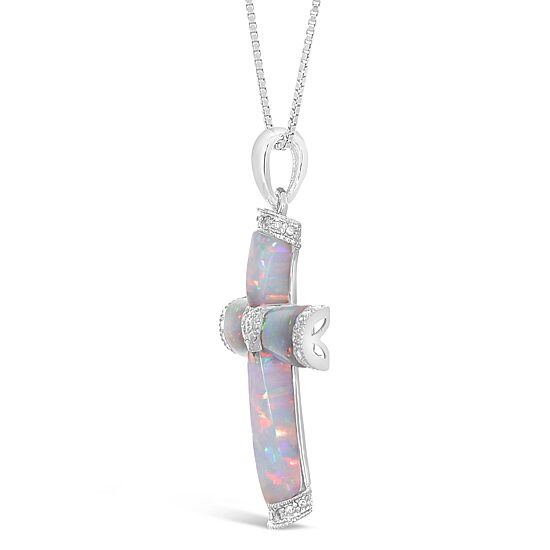 Womens Diamond Accent Lab Created White Opal Sterling Silver Cross 18 Inch Pendant Necklace
