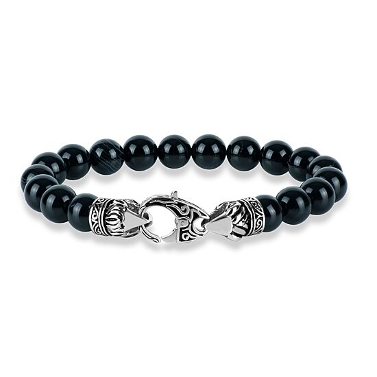 Mens Genuine Black Agate Stainless Steel Beaded Bracelet