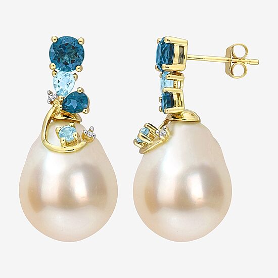 Womens Diamond Accent White Cultured South Sea Pearl 14K Gold Drop Earrings