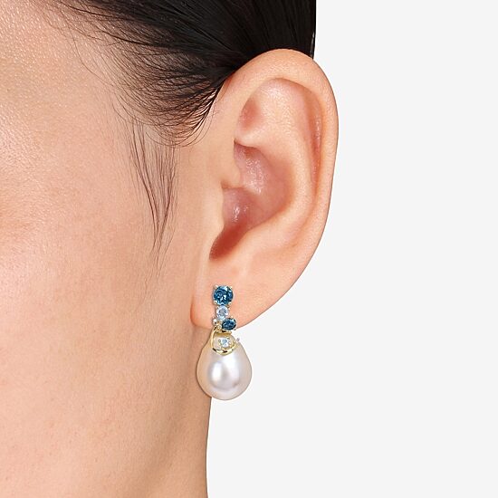 Womens Diamond Accent White Cultured South Sea Pearl 14K Gold Drop Earrings
