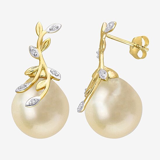 Womens Diamond Accent White Cultured South Sea Pearl 14K Gold Drop Earrings
