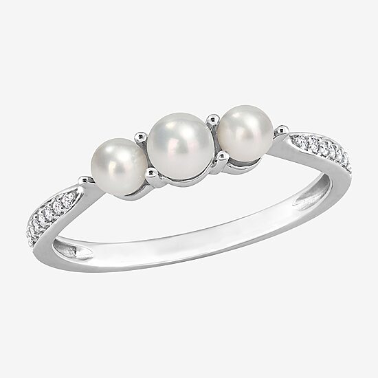 Womens Diamond Accent 4MM White Cultured Freshwater Pearl 14K Gold Cocktail Ring
