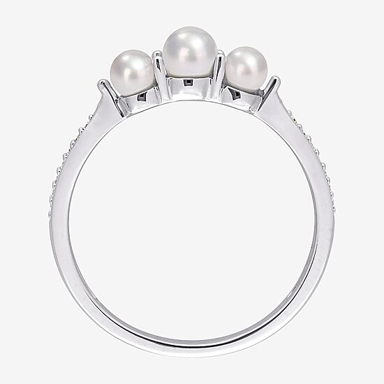 Womens Diamond Accent 4MM White Cultured Freshwater Pearl 14K Gold Cocktail Ring