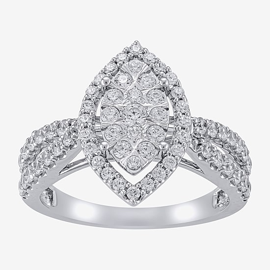 Diamond Blossom (H-I / I1) Womens 1 CT. T.W. Lab Grown White Diamond 10K Gold Marquise Halo Cocktail Ring