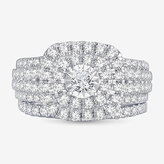 2 CT.T.W. Natural Diamond Cushion Shape Side Stone Halo Bridal Set in 10K or 14K White Gold