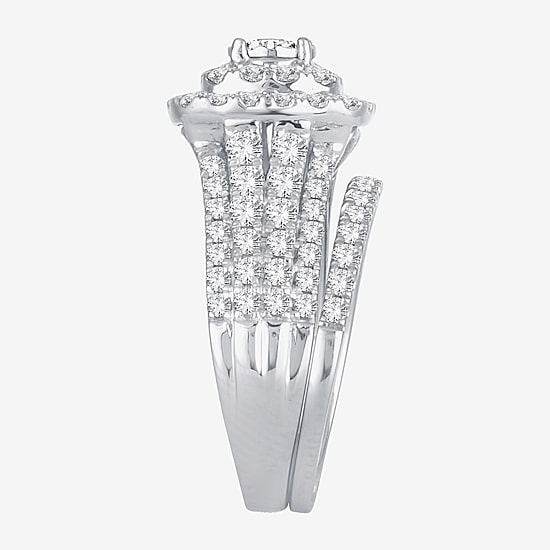 2 CT.T.W. Natural Diamond Cushion Shape Side Stone Halo Bridal Set in 10K or 14K White Gold