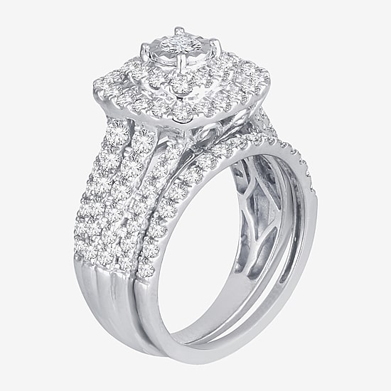 2 CT.T.W. Natural Diamond Cushion Shape Side Stone Halo Bridal Set in 10K or 14K White Gold