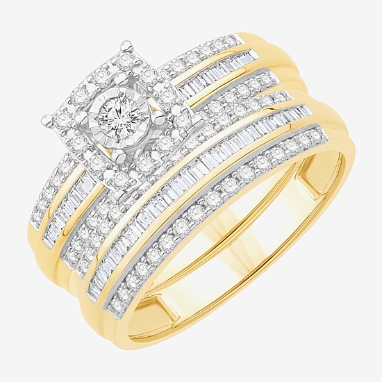3PC His and Hers Trio Wedding Set Featuring 3/4 CT.T.W. Natural Diamond Womens Bridal Set and Mens Wedding Band in 10K or 14K Two Tone Gold