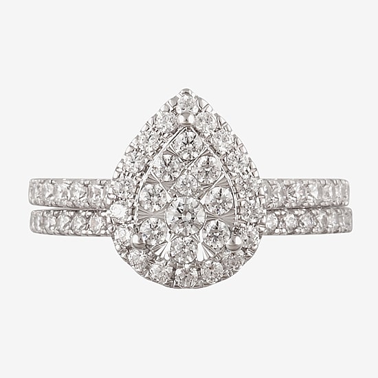 Signature By Modern Bride Womens 1 CT. T.W. Natural White Diamond 10K White Gold Pear Side Stone Halo Bridal Set