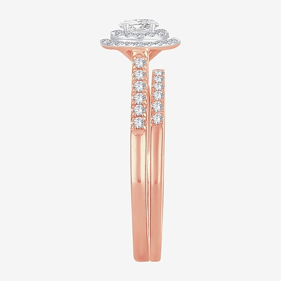 Womens 1/2 CT.T.W. Natural Diamond 10K or 14K Rose Gold Oval Halo Bridal Set