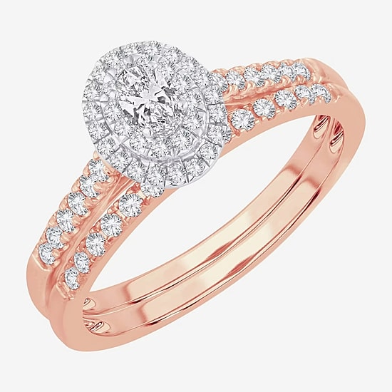 Womens 1/2 CT.T.W. Natural Diamond 10K or 14K Rose Gold Oval Halo Bridal Set