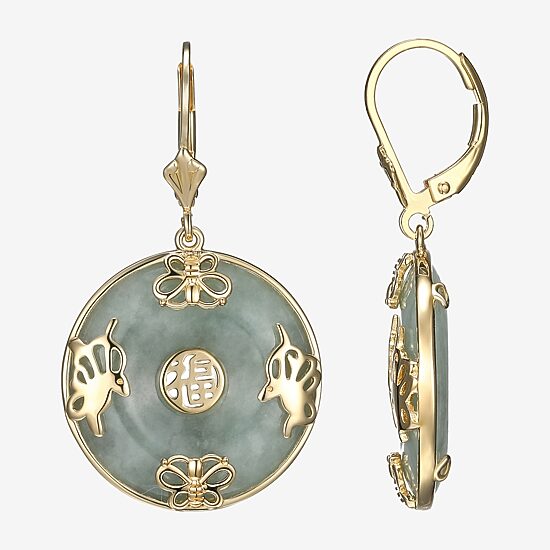 Womens Genuine Green Jade 18K Gold Over Silver Drop Earrings