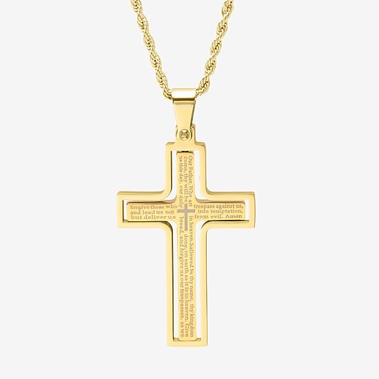 Steeltime Mens 18K Gold Over Stainless Steel Cross Hypoallergenic 24 Inch Pendant Necklace