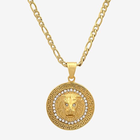 Steeltime Lion Mens Cubic Zirconia 18K Gold Over Stainless Steel Round Hypoallergenic 24 Inch Pendant Necklace