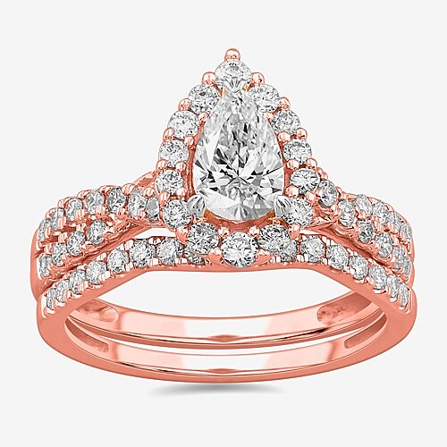 Signature By Modern Bride (G-H / Si1-Si2) Womens 1 1/3 CT. T.W. Lab Grown White Diamond 10K Gold Pear Side Stone Halo Bridal Set, 9, Rose